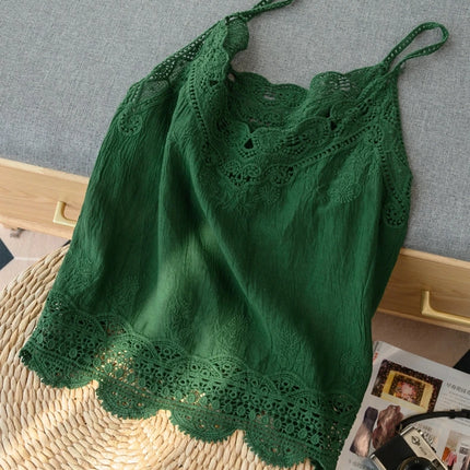 Korean Japanese Brand Lace Hollow out Svel Thin Top Women Summer Loose Linen Csole Vest Inner Wear Tank Top