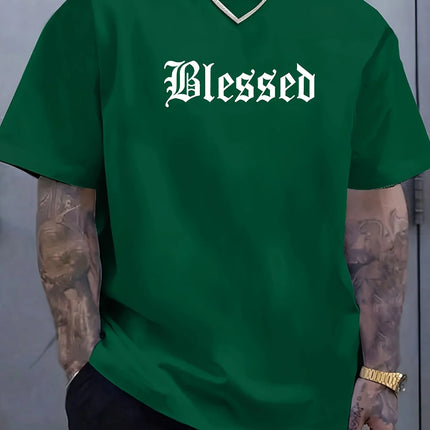 Men's summer 100% pure cotton fashionable casual loose Blessed letter pattern printed sports round neck short sleeved T-shirt