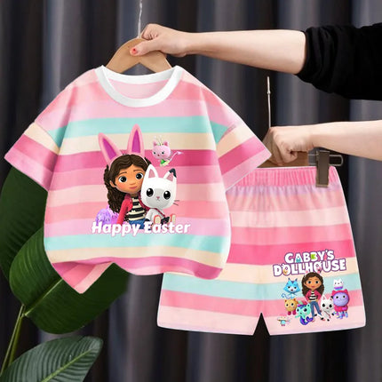 Gabby Dollhouse Children Summer Clothes Shorts Suit 2pcs Striped T-shirt Set Kid Tops Girl Tracksuits Outfits Boy Sport Tee Gift