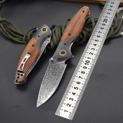 VG10 Damascus Steel Folding Knife, Rosewood Handle-light, Suitable For Camping, Fishing And Daily Carrying