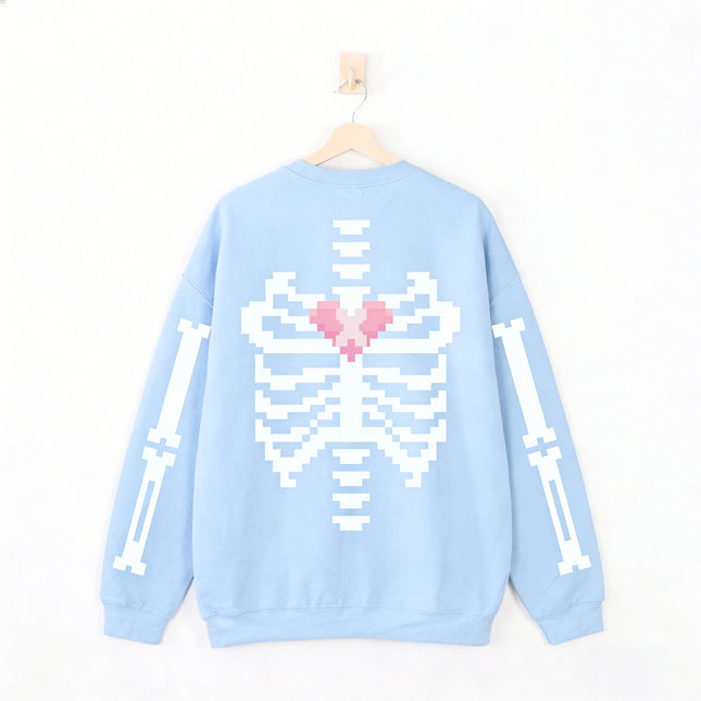 Pixel Skeleton Sweatshirt, fashion Ribcage Unisex Sweater Yami Kawaii Fashion Broken Heart Crewneck Cute Harajuku Aesthetic tops