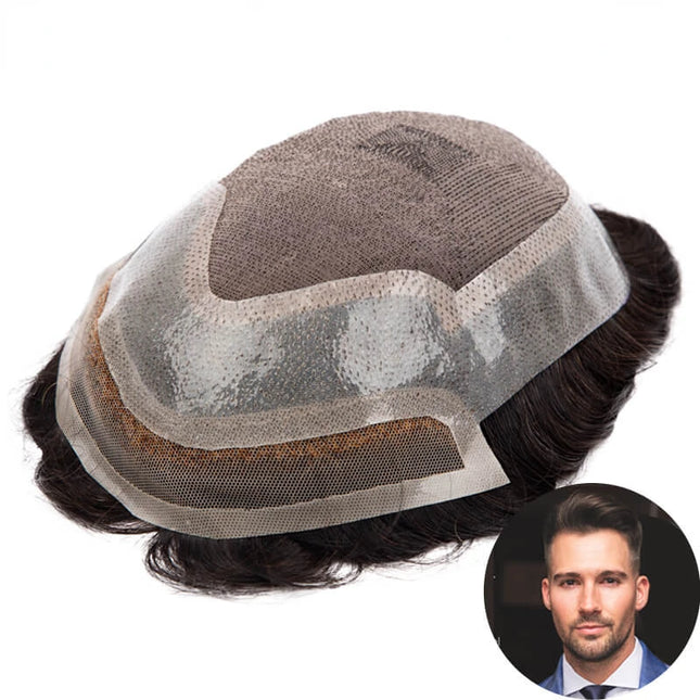 Men's Wig, Men's Toupee, Swiss Lace Front Indian Human Hair System, Lace PU Male Prosthetic Hair, Human Hair Wigs, Natural Hairline, 130% Density