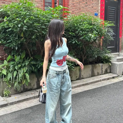 Blue Cherry Print Crop Top Women's Summer Slim Fit High Street Short Zipper Trendy Strap Vest Sweet Style 8-24 Years Old