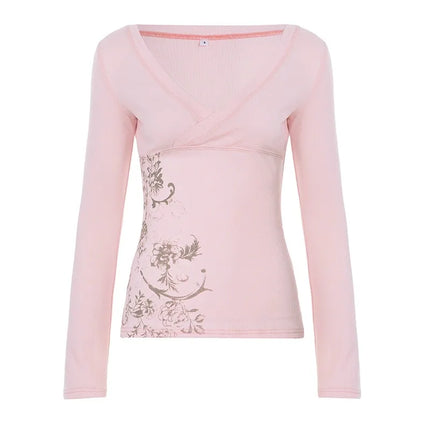 Pink Floral Print Women Fairy Y2K T-shirt Coquette V Neck Long Sleeve Tees Autumn Spring Casual Pullovers Tops Vintage Clothes