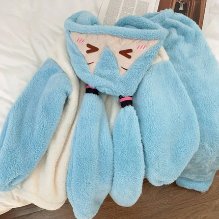 Hatsune Miku Cartoon Animation Peripherals Cute Coral Velvet Long-Sleeved Hooded Pajamas Winter Thickened Warm Home and Outing Set
