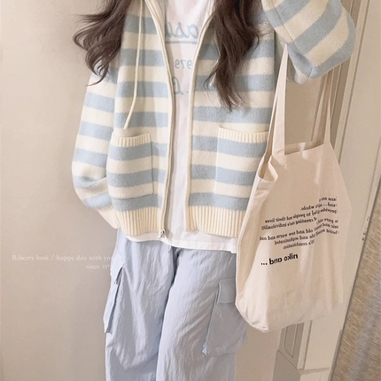 New Thin Cream Stripe Zipper Hooded Coat Spring And Autumn Dressing Up Collection Casual Fashion Trends Versatile Lazy Wind