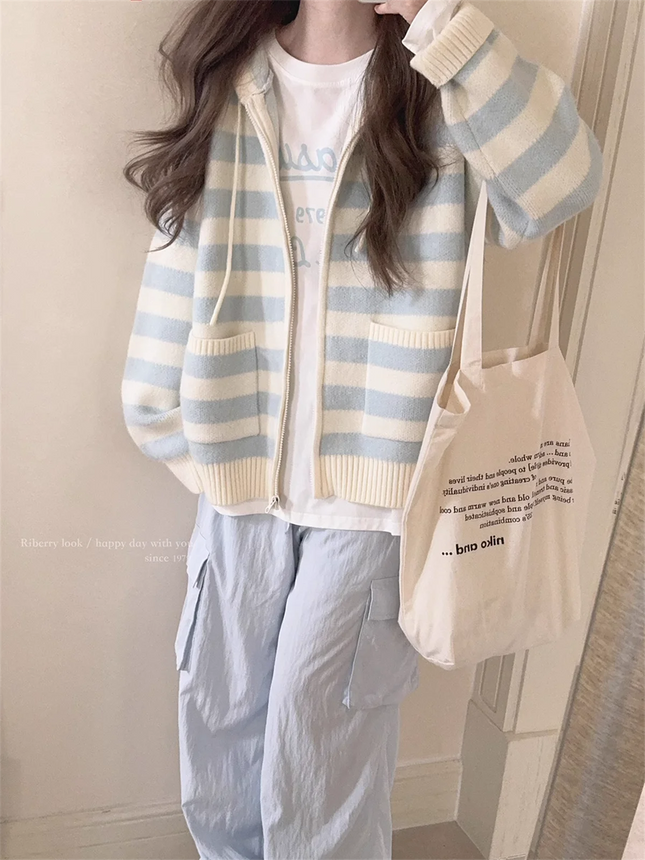 New Thin Cream Stripe Zipper Hooded Coat Spring And Autumn Dressing Up Collection Casual Fashion Trends Versatile Lazy Wind