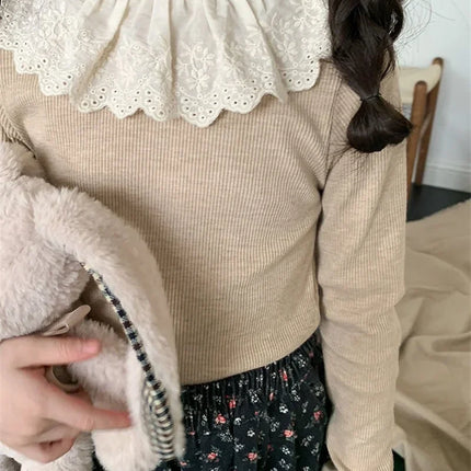 1-12 Years Long-Sleeved Shirts Children's Spring Knitted Tops Baby's Lace 2025 Lace Base Shirt Korean Girls Ruffle Collar T-shirt