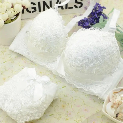 Sexy French Korean Bra Set New Lace Gather Underwear Thin 3/4 Cup Adjustable Push Up Big Size 70-85 AB White Girls Lingerie Sets