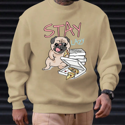 2025 Men's Sweatshirt "STAY LAZY" Pug & Pizza Graphic Chill Streetwear Trendy Soft Relaxed Funny Comfortable Daily Pullover