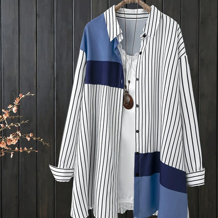 Plus Size Women's Splicing Striped Long Sleeve Shirt