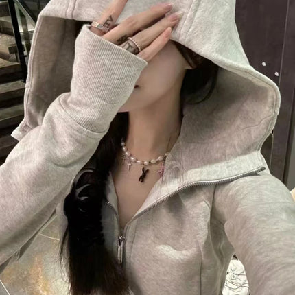 Retro American White ey Slim Fit Hoodie Jaet Women's Thin Autumn Zipper Open Cardigan Top Waterproof ort Sve
