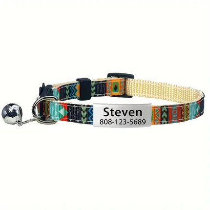 Personalized ID Tag Bohemian Cat Collar with Bell Custom Safety Breakaway Adjustable Engraved Small Kitten Necklace