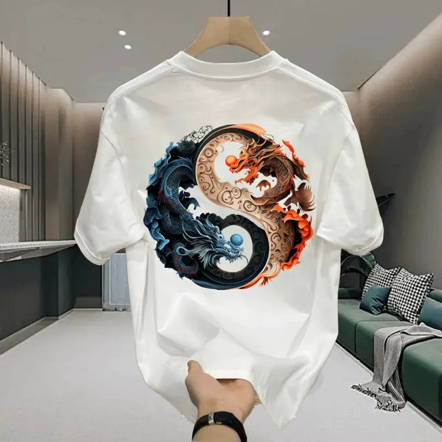 Men's Cotton T-shirts White 5XLT Shirt for Men Casual Summer Wear Chinese Dragon Print Tee Shirts Black Men Clothing Fashion