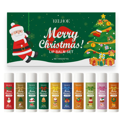 10PCS/Box Christmas Lip Moisturizing Set Deep Moisturizing Lip Color Brightening Plump Lip Care Gift Set for Women Girls