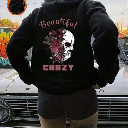 Beautiful Crazy Skull And Flowers Printed Hoodies Street Women Sweatshirts Fleece Warm Pullover Crewneck Loose Female Clothes