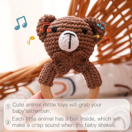 Handmade Crochet Animal Rattle Set Natural Beech Wood Ring Built in Bell Sound Teething Relief Fine Motor Skills Baby Toys Gift
