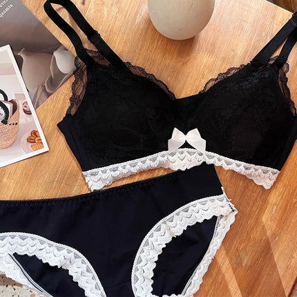 Wireless French Bralette for Small Chest, No Adjustable Push Up Lace Bra Set, Comfort Sexy Non Padded Lingerie for Women MOYISU