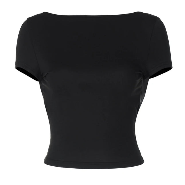 Women's O Neck Short Sleeve Backless Ruched Crop Top Y2K Streetwear Summer Spring Casual T-Shirt Dropshipping