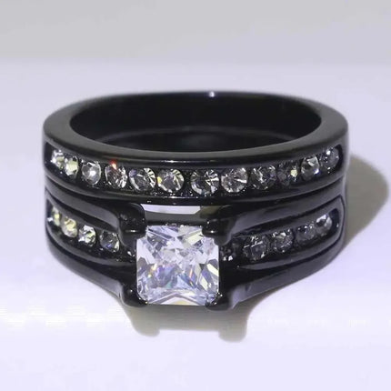 Fashion Couple Rings Women's White Rhinestones Zircon Ring Sets Men's Stainless Steel Zircon Stones Rings Wedding Band Jewelry