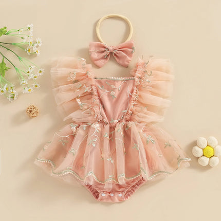 Citgeett Summer Infant Baby Girls Bodysuit Dress Fly Sleeve Floral Embroidery Tulle Jumpsuit Bow Headband Clothes