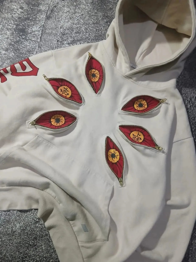 Punk Six Eyes Kokushibo Multi Zipper Hoodies Cool Design Sweatshirt Y2k Streetwear Oversized Casual Fashion Couples Anime Hoodie