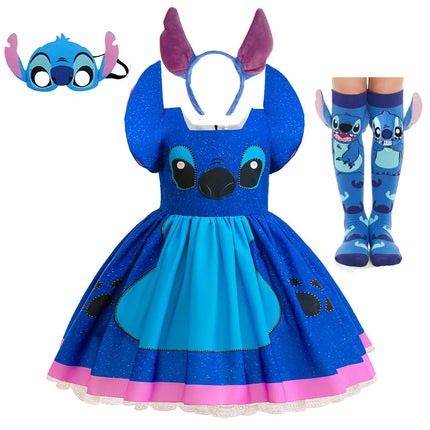 Lilo Stitch Dress Girls Disney Stitch Cartoon RolePlay Carnival Costume 2-10 Yrs Kids Cartoon Printing Halloween Party Outfits