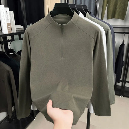 Luxury Brand Men's Long-Sleeved T-Shirt Mock Neck Half-Zip Letter Embroidery Personality Retro Spring Tops Trend Hot Men's Clothing