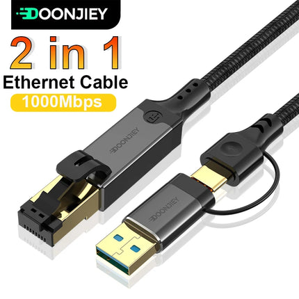 USB C to Ethernet Cable 1000Mbps 2 in 1 USB/Type-C to RJ45 Gigabit LAN High Speed Network Converter for  Laptop PC Mobile Phone