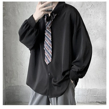 Korean Style Men's Long-sleeved Shirts Black Tie Cozy Casual Solid Oversize Blouses Breathable Loose Shirt Harajuku Male Clothes