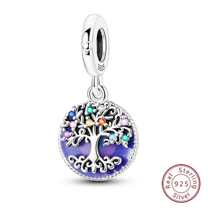 100% 925 Sterling Silver Blue Round Crystal Life Tree Angel Star Moon Pendants Charms Fit 925 Original Bracelets DIY Jewelry