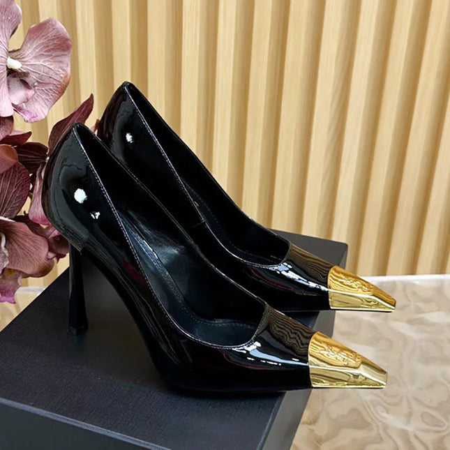 Runway Fashion YS Metal Square Toe Stiletto Heels Women's Baotou Sandals Black Pumps Color Block Glossy Design Shoes Luxury Shoe