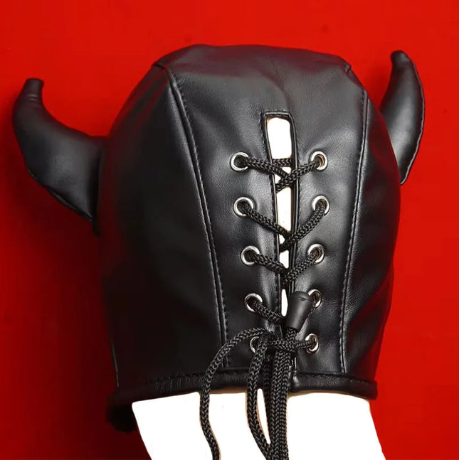 BDSM Mask PU Leather Open Eyes and Mouth, Slave Hood With Horns, Sex Toys for Couples, Bondage, Restraints, Adult Games, Roleplaying