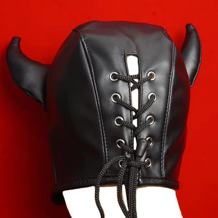 BDSM Mask PU Leather Open Eyes and Mouth,Slave Hood With Horns,Sex Toys for Couples,Bondage,Restraints,Adult Games,Roleplaying