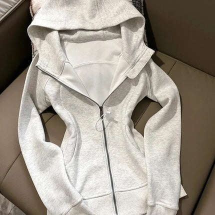 American Grey Shoulder Slim Fit Hoodie Coat For Women Spring Autumn Wear New Collection Hoodie Zipper Style Grey Jacket Top