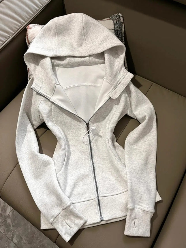 American Grey Shoulder Slim Fit Hoodie Coat For Women Spring Autumn Wear New Collection Hoodie Zipper Style Grey Jacket Top