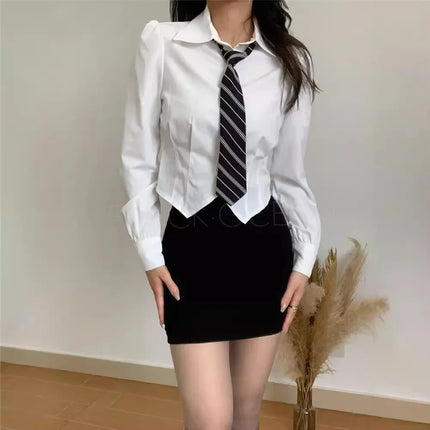 Slimming Preppy Style White Long Sleeve Shirt For Women New Season Japanese Style JK Uniform Bow Tie Waist-Fitted Blouse