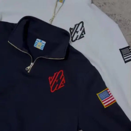 All Top Quality Y2K America Retro Word Embroidery Pullover Black Stand Collar Polo Shirt Sweatshirt Casual Men Coats
