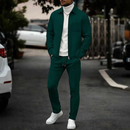 Men's fashionable casual plain-color waffle knit pullover with zipped pocket and collar, high-quality men's jacket, trousers set