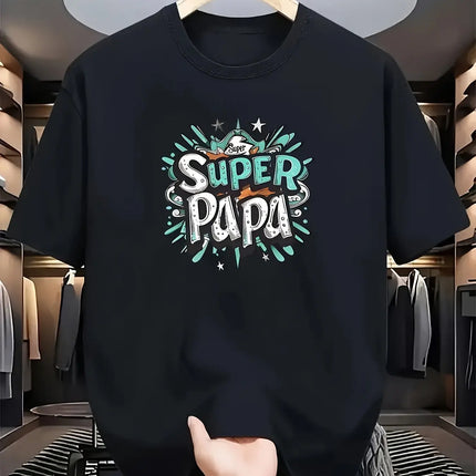 [Lightweight] Men's Super Papa Graphic T-Shirt - Bold Superhero Lettering & Family Design, Casual Round Neck Summer Outdoor Shir