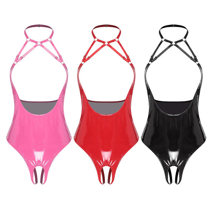 Women Wet Look Patent Leather Open Chest Crotchless Bodysuit Halter Backless Glossy PU Lingerie Jumpsuit Raves Party Clubwear
