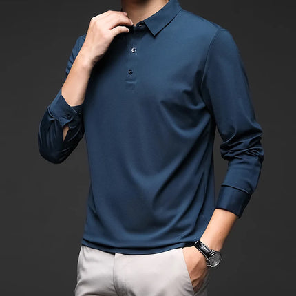 Minglu Mulberry Silk Men's Polo Shirts Luxury Long Sleeve Solid Color Golf Male T-shirts Spring Autumn Business Casual Man Tees