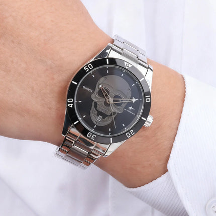 Skull patterned quartz watch, stainless steel strap+dial ring, with calendar display function, personalized and trendy design, s