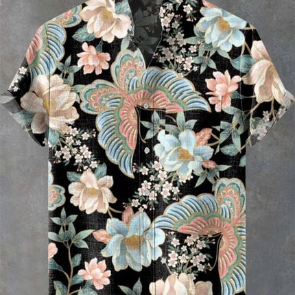 New Men's Linen Summer Shirt Men's Short Sleeve Shirt Pattern Irregular Art Flower Print Clothing Casual Shirt