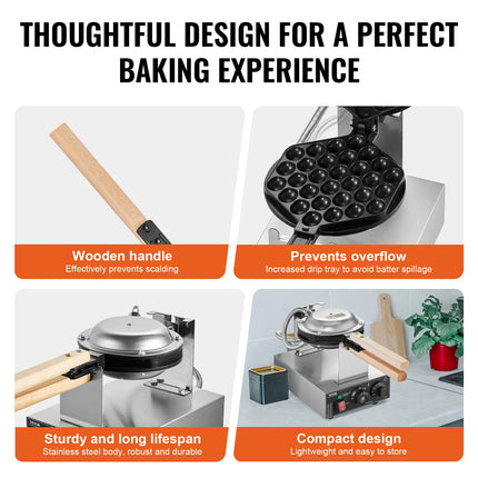 HomeWise Commercial Egg Bubble Waffle Maker 1400W Non-Stick Stainless Steel Bubble Puff w/180° Rotatable 2 Pans & Wooden Handles