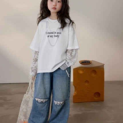 Fake Two Piece Lace Girls Clothes 11 To 12 Years Children's Clothing From 10 Korean Kids 7 T Shirt Outdoor T Shirts Top Girl 8 4