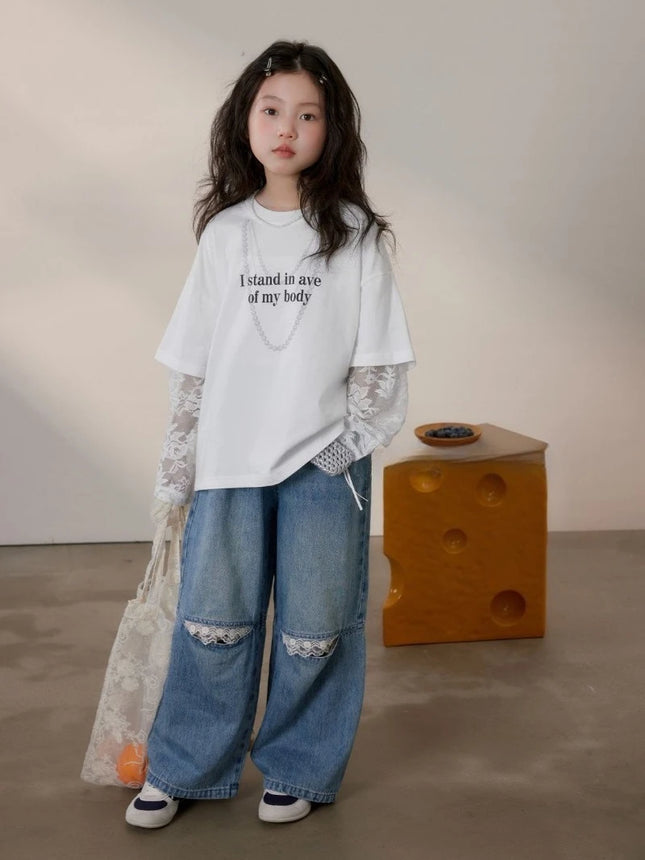 Fake Two-Piece Lace Girls' Clothes, Ages 11-12, Children's Clothing from 10, Korean Kids 7 T-Shirt Outdoor T-Shirts, Top for Girls 8-4