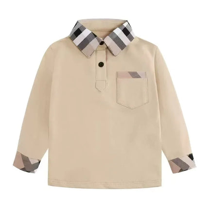 New casual Spring Autumn boys' long sleeved lapel plaid polo shirt pure cotton T-shirt top