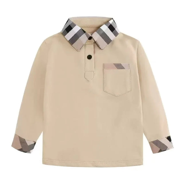 New casual Spring Autumn boys' long sleeved lapel plaid polo shirt pure cotton T-shirt top