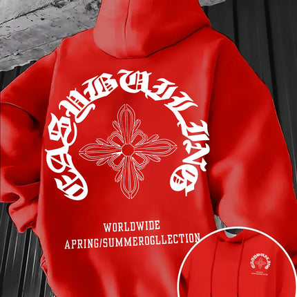 Gothic Letter Cross Pattern Men's Hoodie with Vintage Print, Loose Fit, Suitable for Autumn Winter with A Hooded Pullover Design